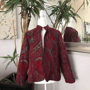 Coldwater Creek Women's size Large Red tan floral Tapastrey Open Front Blazer